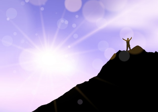 Free vector silhouette of a male stood with arms raised on cliff edge against sunset sky