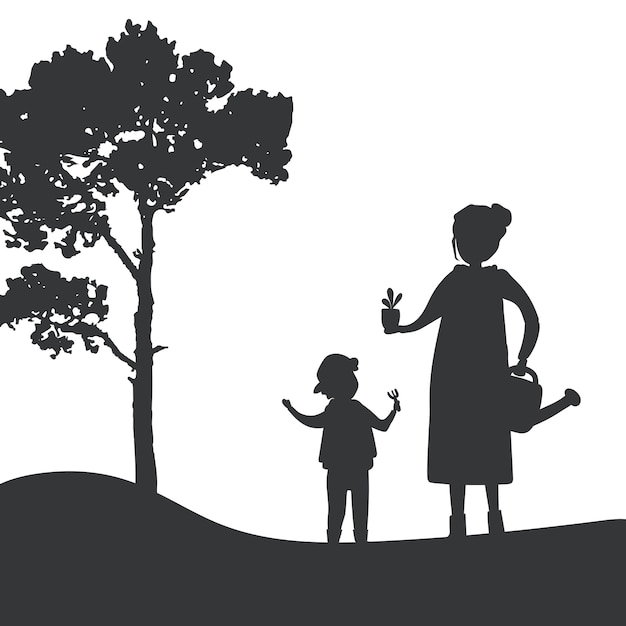 Free vector silhouette of mother and son gardening vector