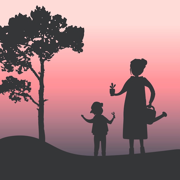 Free vector silhouette of mother and son gardening vector