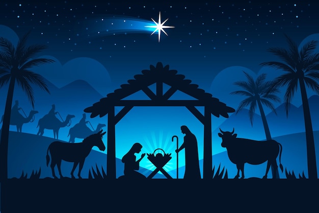 夜のシルエットのキリスト降誕のシーン