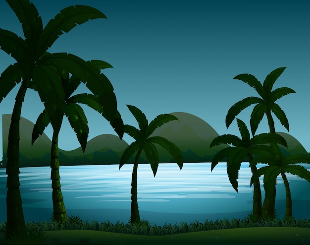 Силуэт природа сцена с фоном кокосовых пальм