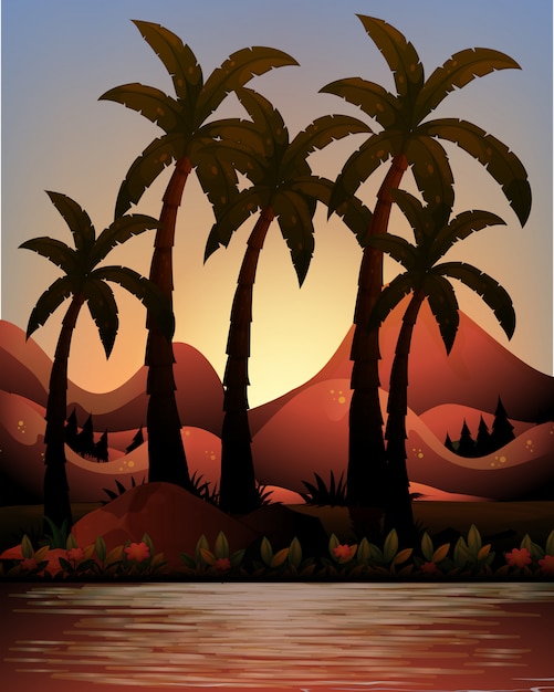 Silhouette ocean and palms background