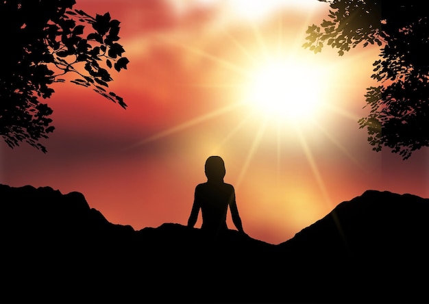 Бесплатное векторное изображение Силуэт женщины сидел на фоне закатного неба
