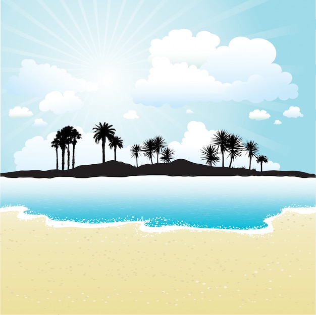 無料ベクター 晴れた日の空とビーチに対する熱帯の島のシルエット