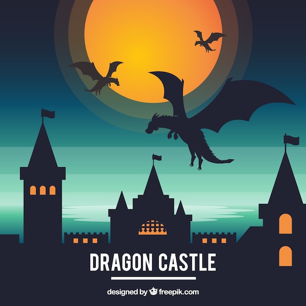 Бесплатное векторное изображение Силуэт замка и летающего дракона