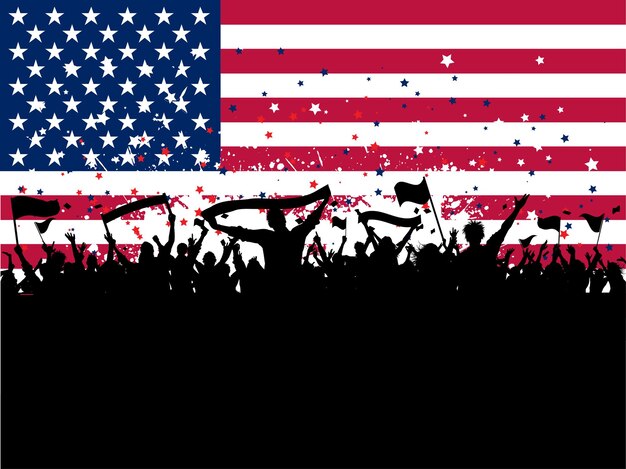 Silhouette of a party crowd with flags on an American flag background