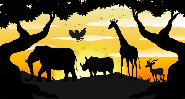 Vettore gratuito silhouette safari scene all'alba