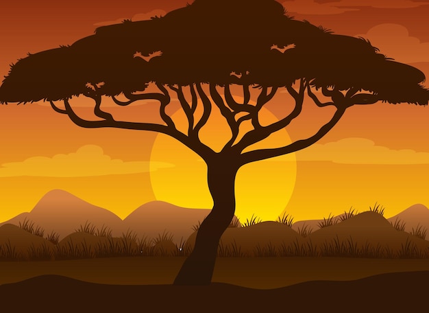 Free vector silhouette savanna forest at sunset time