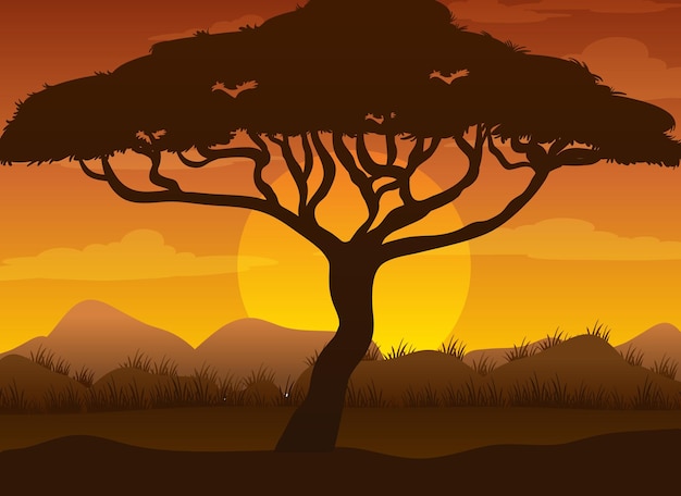 Silhouette savanna forest at sunset time