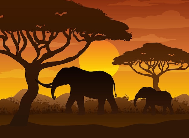 Silhouette savanna forest with wild animals