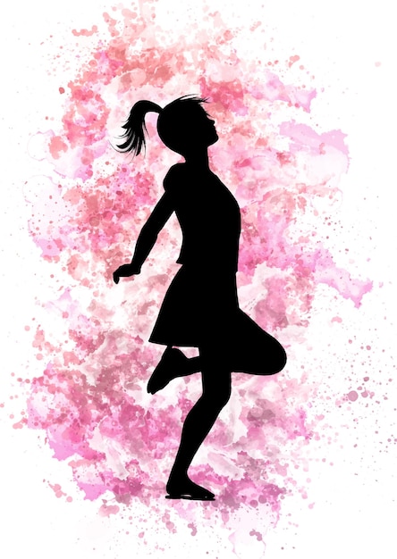 Free vector silhouette of a skipping girl on a pink watercolour background 0402