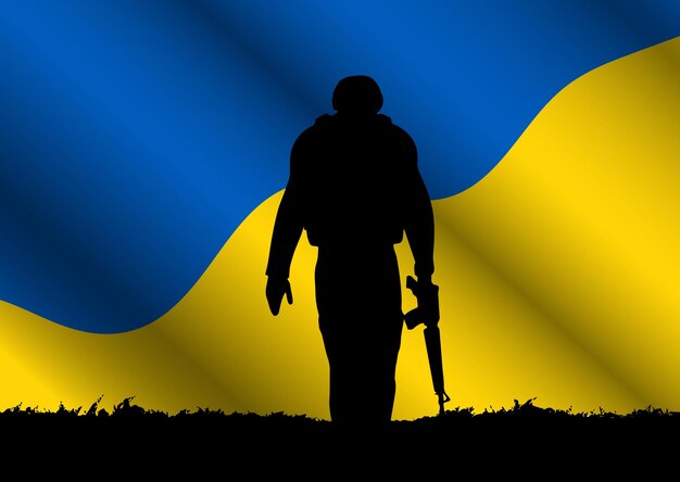 ウクライナの旗の背景に兵士のシルエット