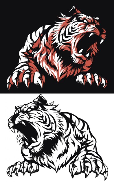 Silhouette tiger roaring front view logo icon illustration on black and white style