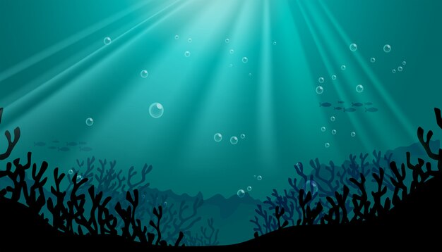 Silhouette underwater scene with coral reef background