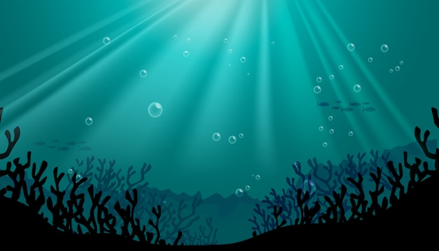 Silhouette underwater scene with coral reef background