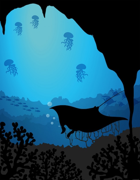 Free vector silhouette underwater scene with stingray