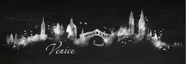 Silhouette venice city painted with splashes of chalk drops streaks landmarks drawing with chalk