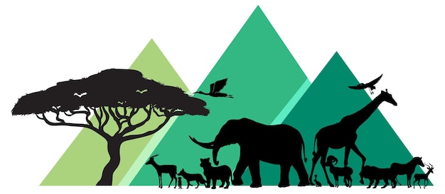 Free vector silhouette of wild animals with green mountain