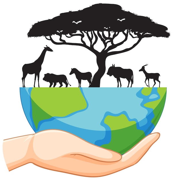 Free vector silhouette wild animals with half of earth vector