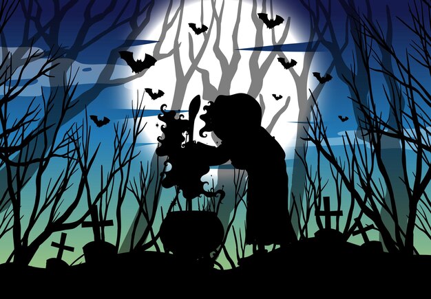 Silhouette witch with full moon background