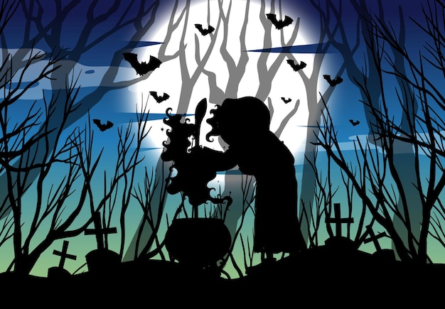 Silhouette witch with full moon background