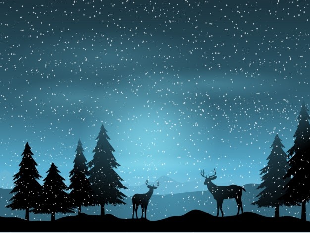 Free vector silhouette with reindeers on a landscape background