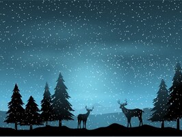 Silhouette with reindeers on a landscape background