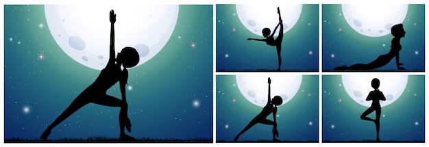 Free vector silhouette woman doing yoga on fullmoon night