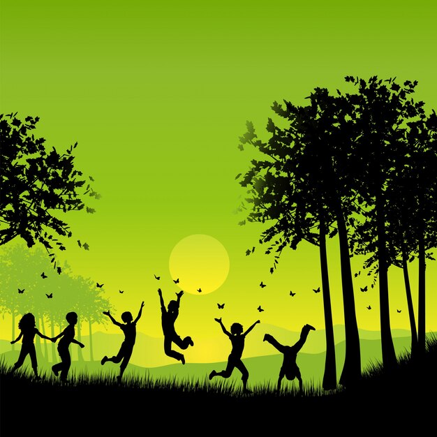 Silhouettes of children playing outside chasing butterflies