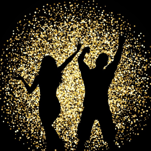 Sagome di una coppia ballando su uno sfondo glitter oro