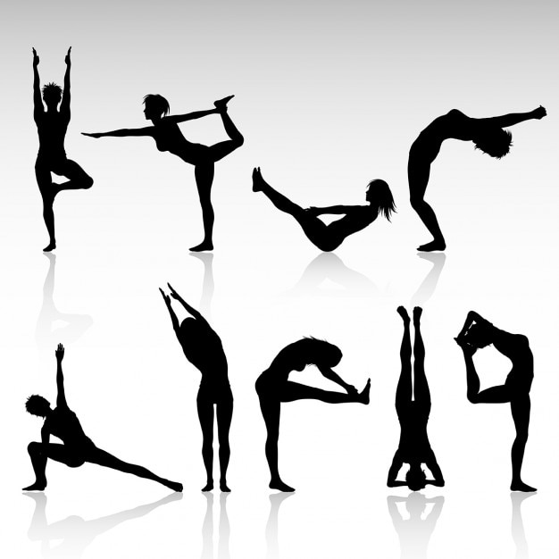 Silhouettes of females in various yoga poses