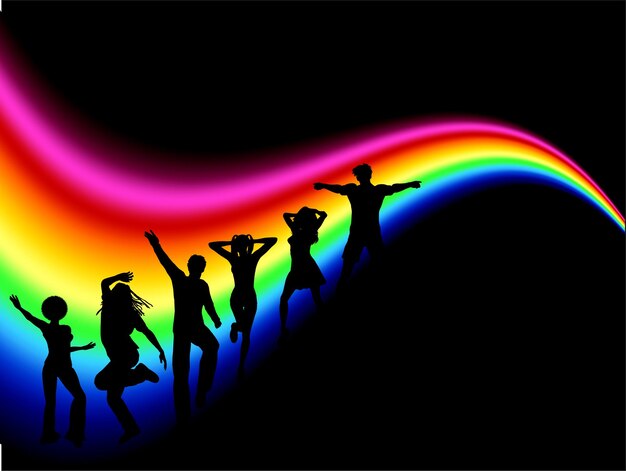 Silhouettes of funky people dancing on rainbow