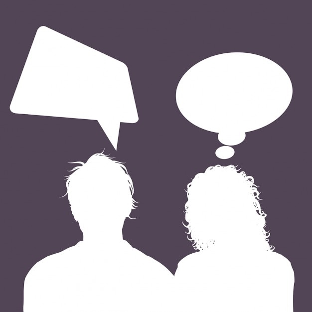 Silhouettes of male and female avatars with speech bubbles