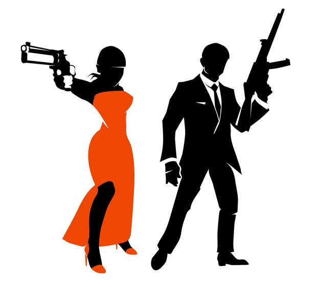 スパイカップルベクトルセット 探偵の男と女 武器と拳銃のイラスト 無料のベクター