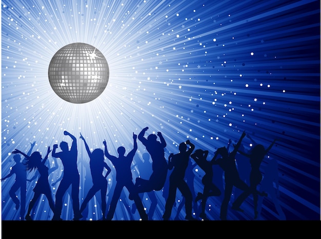 Silhouettes of party people on a mirror ball disco background