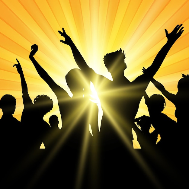 Free vector silhouettes of party people on a sunburst background