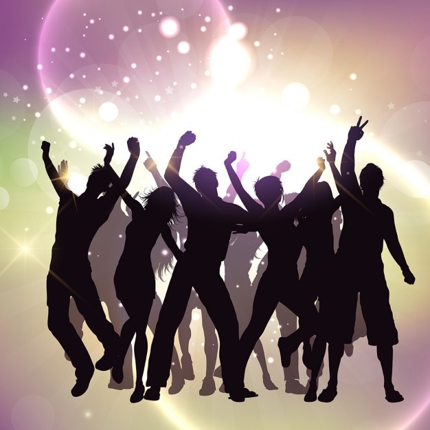 Silhouettes of people dancing on a bright background