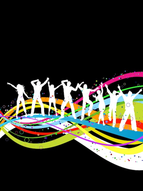 Vettore gratuito sagome di persone che ballano su un arcobaleno colorato sfondo astratto