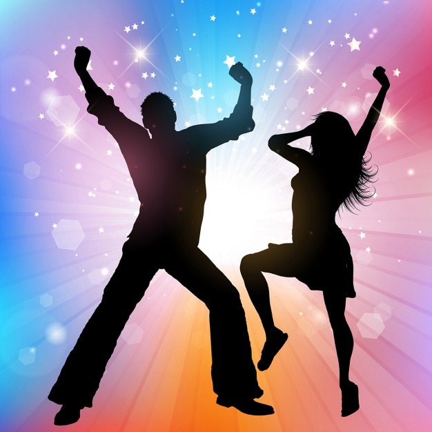 Silhouettes of people dancing on a colorful background