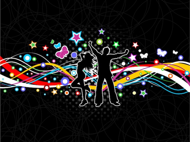 Silhouettes of people dancing on a colourful abstract background