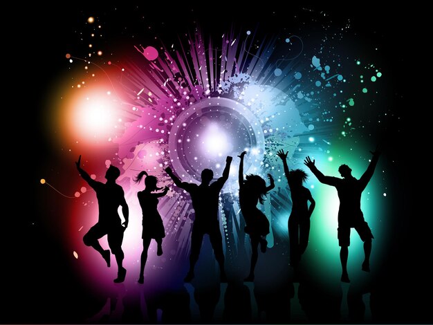 Silhouettes of people dancing on a colourful grunge background