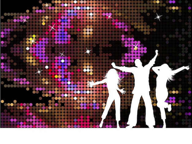 Silhouettes of people dancing on disco background