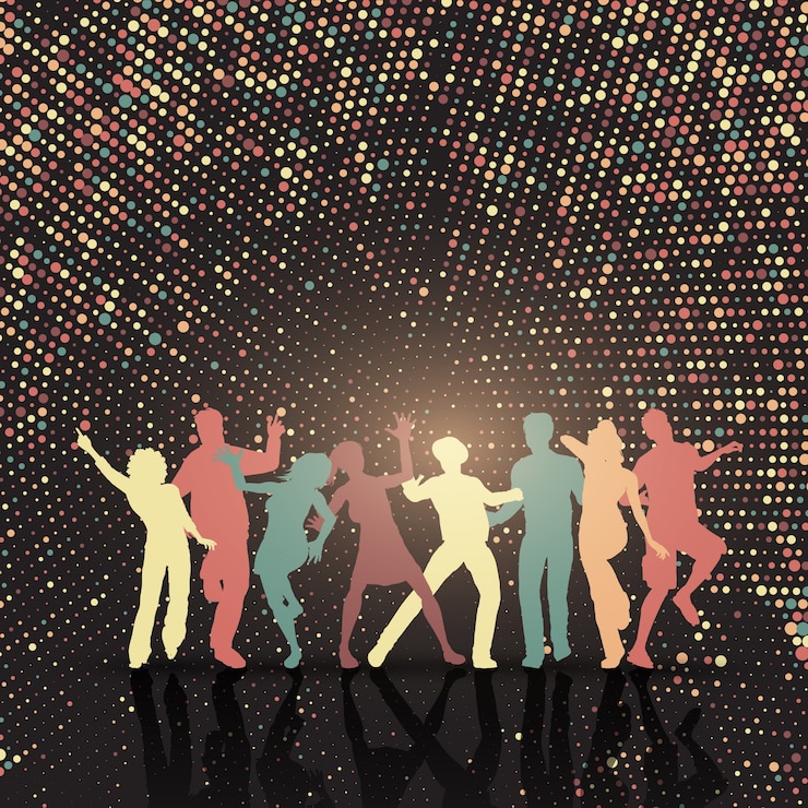 Free Vector silhouettes of people dancing on a halftone dots background