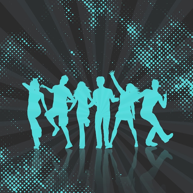 Free vector silhouettes of people dancing on a halftone dots background