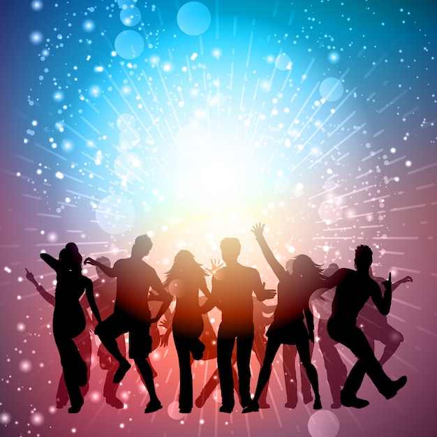 Silhouettes of people dancing on a starburst background