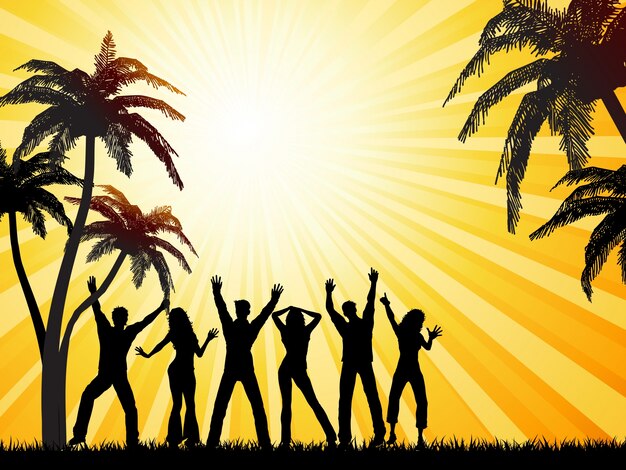 Silhouettes of people dancing on summer background