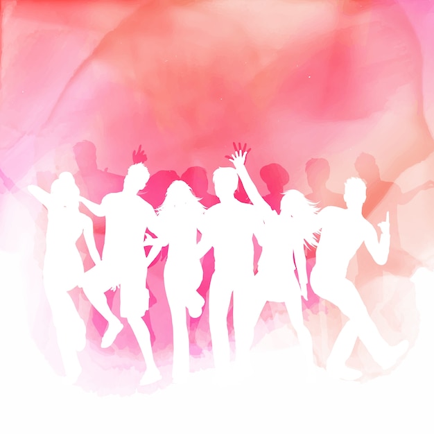 Silhouettes of people dancing on a watercolour background