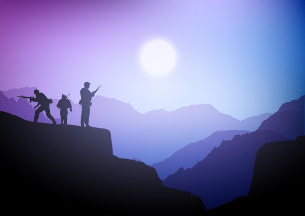 Silhouettes of soldiers in a purple sunset landscape