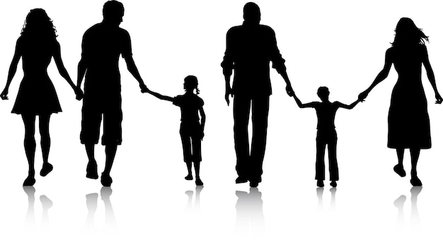 Silhouettes of two families walking