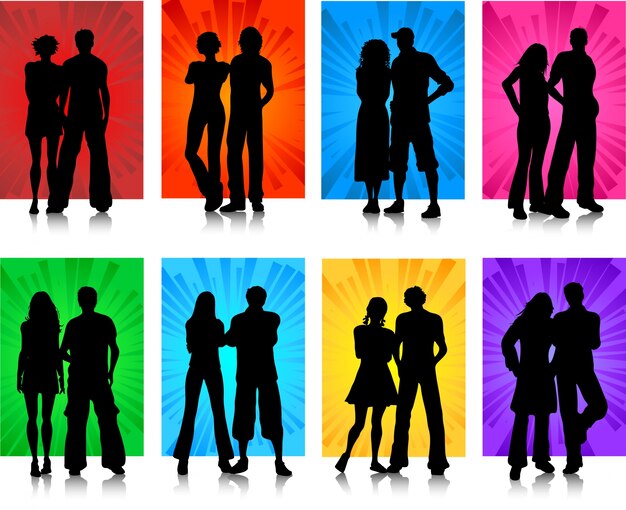 Silhouettes of various couples